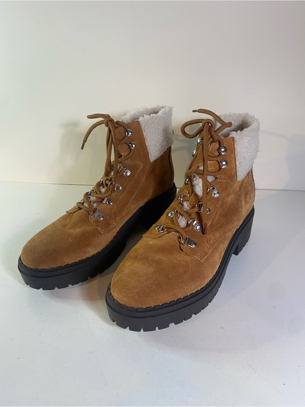 Marc Fisher Leigan Brown Suede Faux Shearling Cuff Lug Sole Hiking Boots 9.5